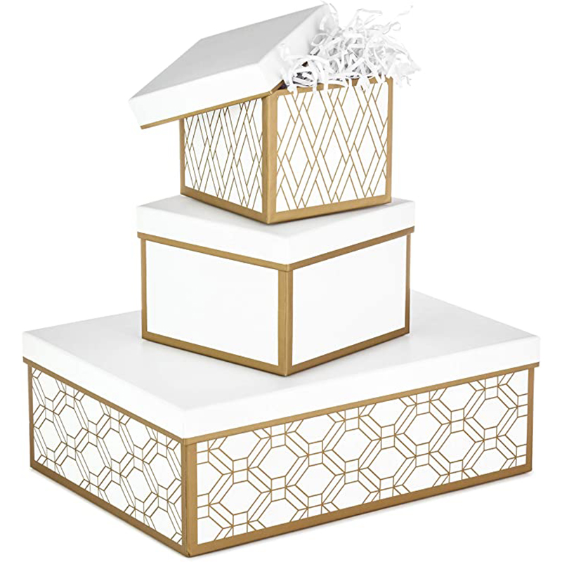 Boîtes-cadeaux imbriqués pointues avec couvercles et remplissage (ensemble de 3, blanc et or, tailles assorties) pour les mariages, douchesnuptiales, demoiselles d\'honneur, Noël, Hanoukka, anniversaires, Saint-Valentin \\\\\\\\\\\\ la journée